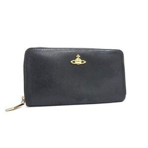 Vivienne Westwood Zip Around Long Wallet Black Leather Gold Orb Logo Emblem